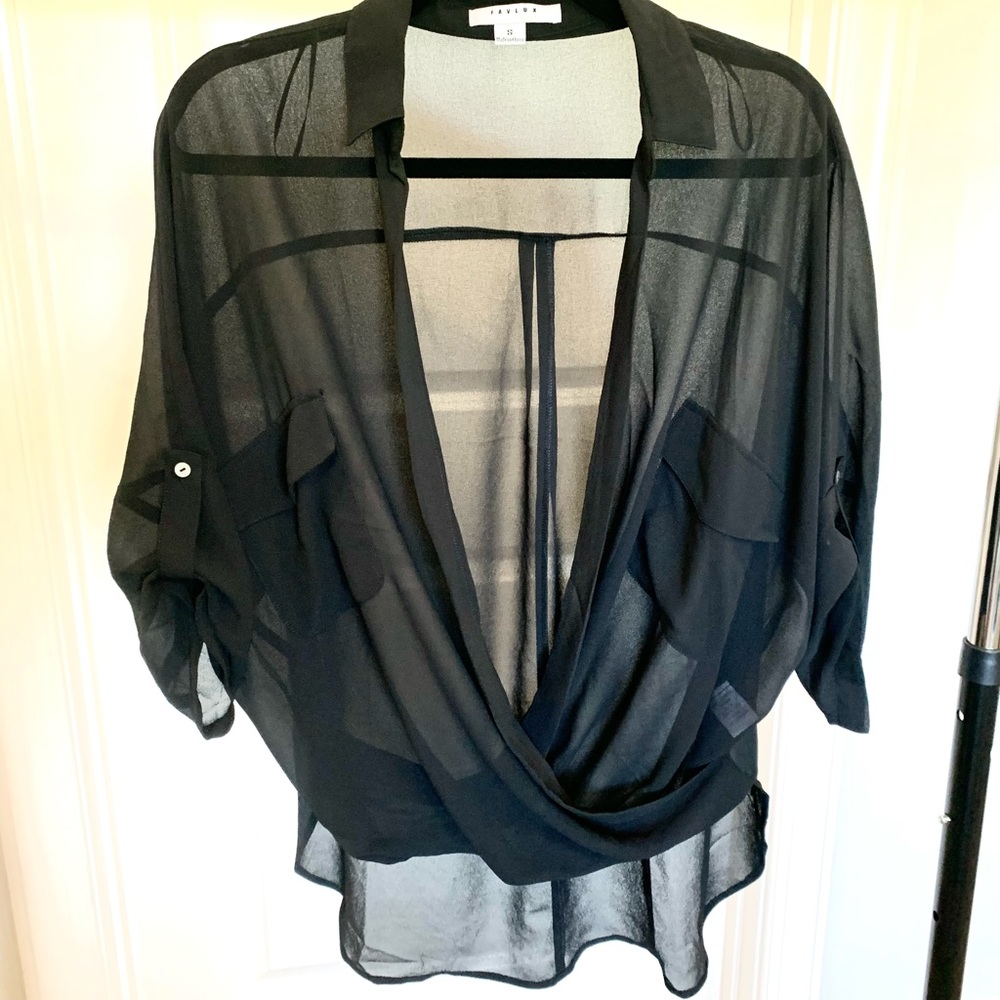 Black Sheer Blouse Small Womens Twist Top Criss Cross Front FAVLUX